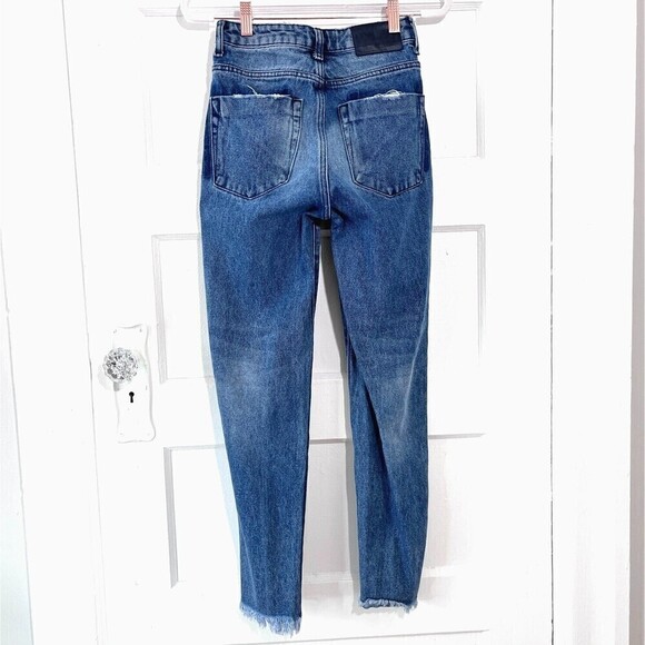 One X One Teaspoon Jeans Women 23 Blue Tuxedo Stripes Distressed Straight Grunge - Picture 2 of 10